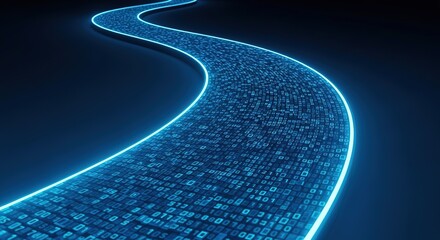 Glowing blue digital data stream flowing on a dark background representing information highway and technology