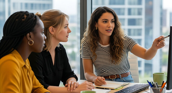 Three Women Diverse Team Business Meeting Office Collaboration Computer Screen Presentation