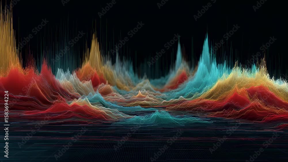 Poster colorful particle landscape visualizing complex data analysis, representing innovation and technolog