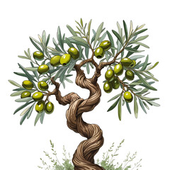 Twisted olive tree with green olives and lush leaves on black background