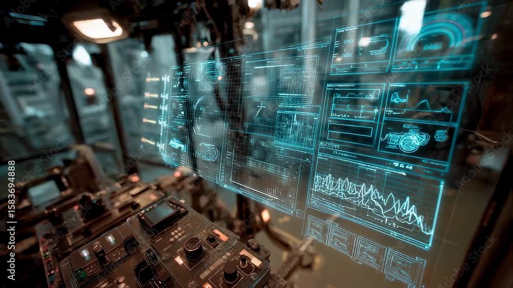 Poster futuristic control panel displaying holographic data analysis and innovative technology, representin