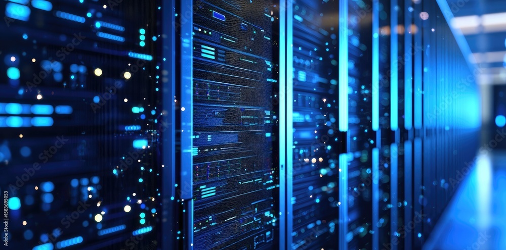 Poster futuristic data center with glowing blue servers and digital particles, perfect for ai computing, cl