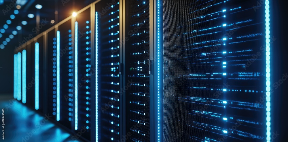 Poster illuminated data center with high-performance server racks and blue led lights, ideal for illustrati