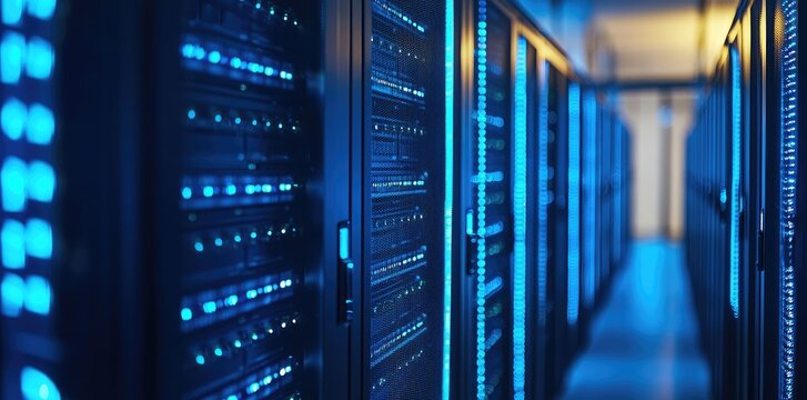 Modern data center corridor with secure server racks and glowing blue LED panels, ideal for cloud infrastructure, cybersecurity visuals, and enterprise IT environments