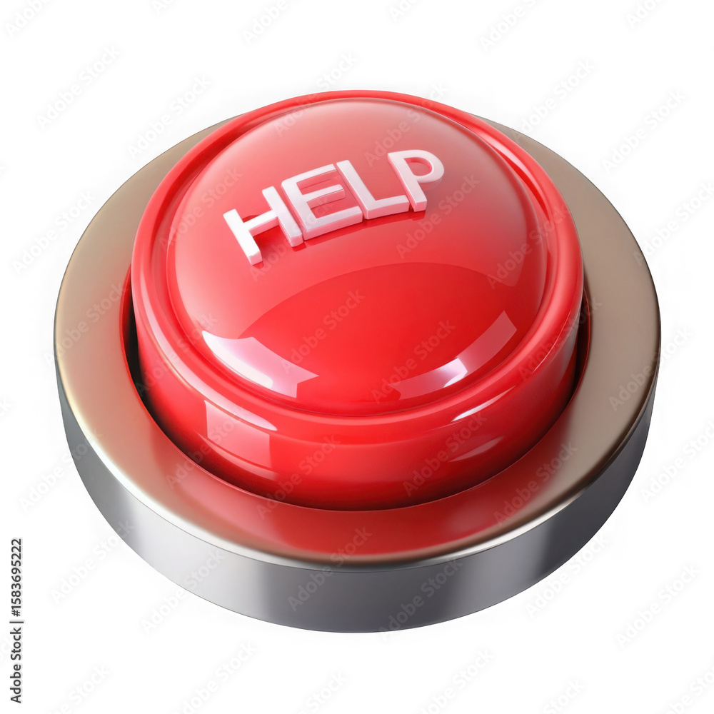 Poster 3d red help button with metallic base isolated on transparent background