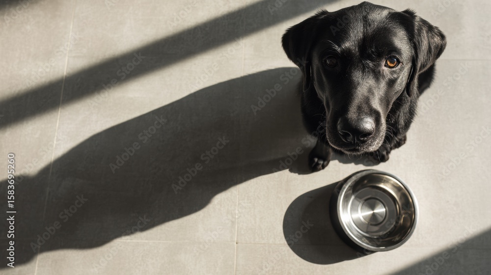 Poster labrador gazes at empty bowl with food shadow shape in a minimalist setting during daylight