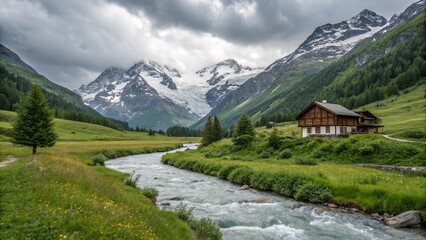 Tranquil Alpine Valley: Snow-Capped Peaks Surrounding a Pristine River Through Green Meadows and a Quaint Chalet
