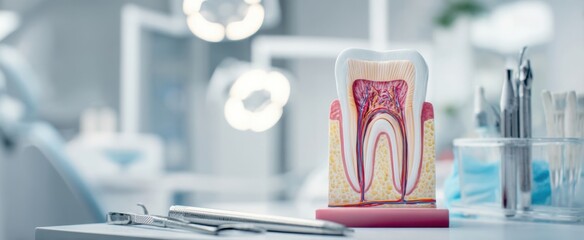 The detailed dental tooth model in a modern dental clinic setting.