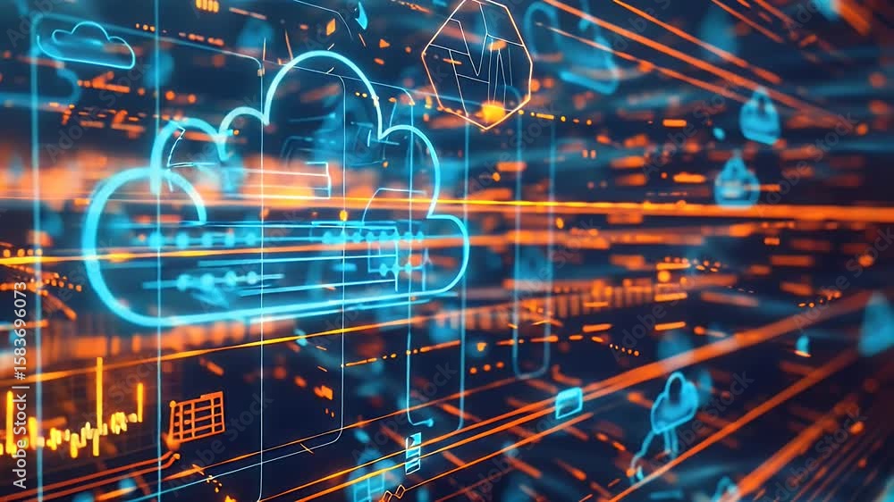 Poster futuristic digital representation of cloud computing, featuring vibrant neon blue and orange lights 