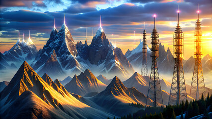 Stylized signal towers forming a digital mountain range