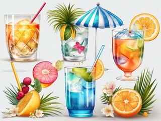 Beach Party Drink party menus, Summer Vibes Colorful Illustration with Tropical Fruits and Umbrella lemon slice