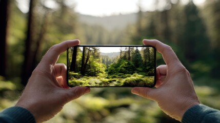 The smartphone displaying a vibrant forest landscape in the hands of an explorer.