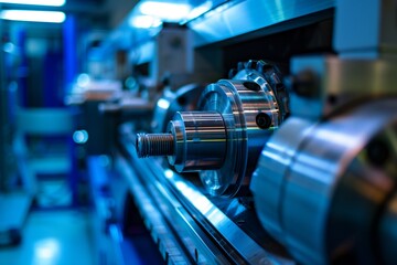 Macro close-up of automated factory machinery in motion, metallic textures, blue industrial lighting, high-tech production environment.
