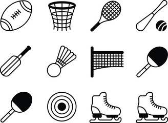 Collection of sport equipment icons including balls rackets and skates