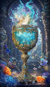 calice fatato di vetro pieno di un liquido azzurro e magico che ribolle in un'ambientazione fantasy, a magical glass chalice filled with a blue liquid that bubbles in a fantasy setting