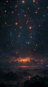 particles of light fall from a sky with lightning