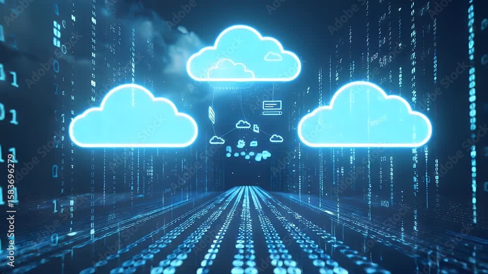 Poster futuristic digital environment featuring glowing clouds with data streams in shades of blue.