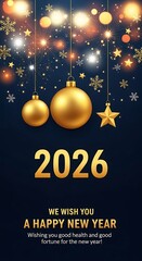 Happy new year 2026 festive background with gold decorations