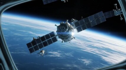 Satellite Orbiting Earth: A breathtaking view of a satellite orbiting Earth, captured from a spacecraft window. The satellite's solar panels gleam in the sunlight. - Powered by Adobe