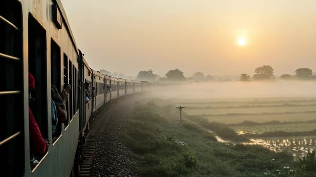 Indian train traveling through misty countryside at sunrise. Motion and light symbolize change and journey. Peaceful, cinematic, photorealistic. One or no people visible.