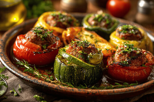 Rustic Proven&ccedil;al petits farcis stuffed vegetables, colorful 