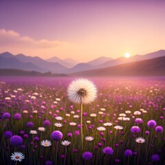Fototapeta premium Dandelion in a field of purple flowers at sunset mountains