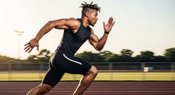Athletic young man with dreadlocks sprinting on running track during golden hour, showing intense focus and determination in competitive sports training.