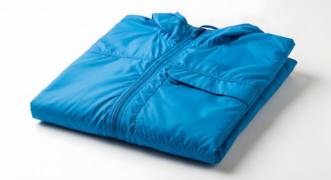 A bright blue hooded windbreaker jacket, folded and isolated on white background