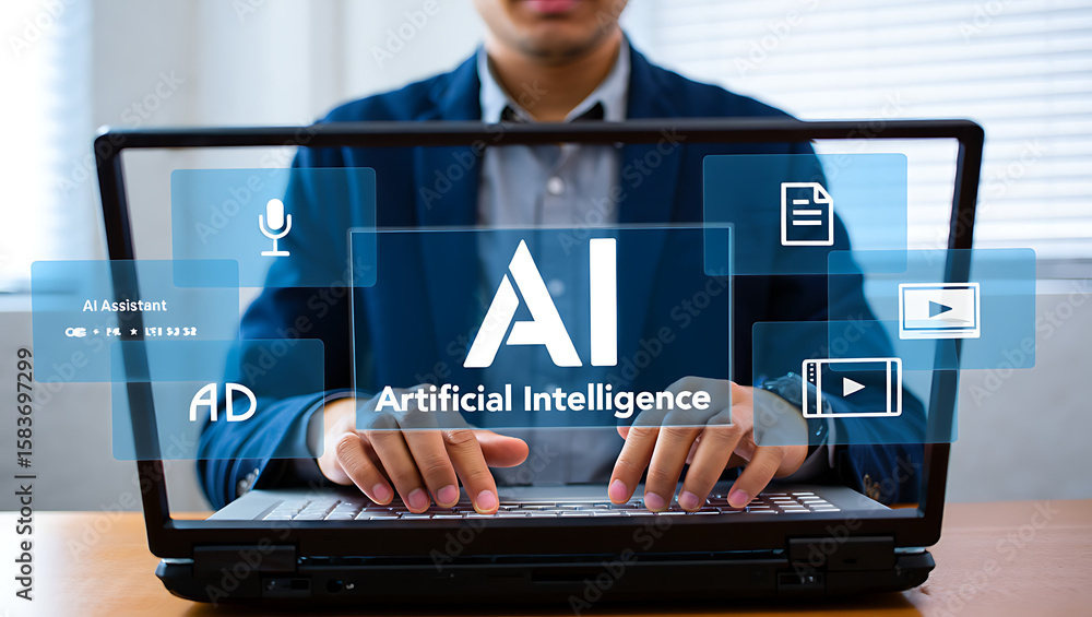 Poster a businessman is using a laptop with artificial intelligence interface to enhance business strategy 