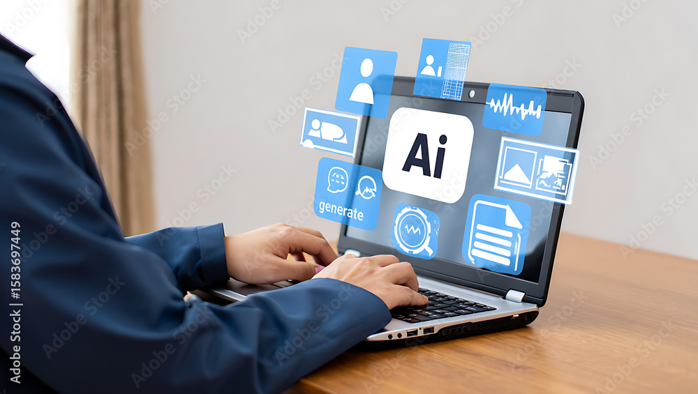 Poster a businessman is using a laptop with an artificial intelligence interface to generate new ideas and 