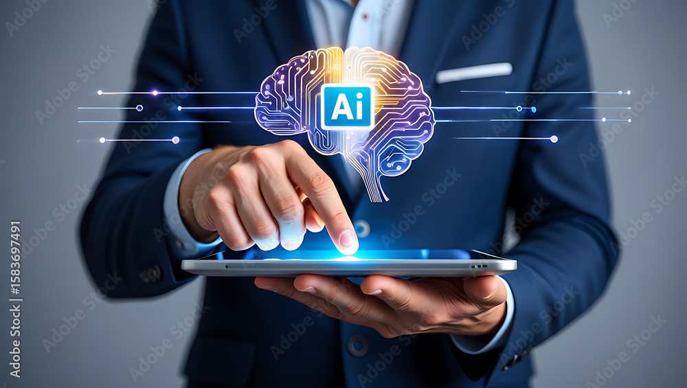 Poster a businessman is using a tablet with an artificial intelligence brain interface to analyze data and 