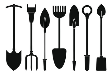 Farming Tools Silhouette Bundle – 12 Black Vector Designs of Agricultural Equipment on White Background.