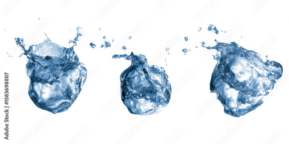 Poster three splashes of water captured in motion against a white background showcasing fluid dynamics and 