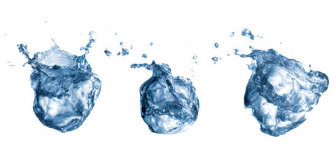 Three splashes of water captured in motion against a white background showcasing fluid dynamics and kinetic energy