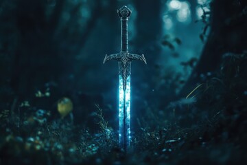 Naklejka premium Mystical sword with glowing blade resting in a dark forest during twilight hours