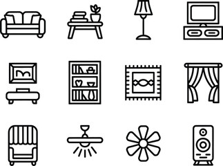Simple Line Art Icons of Home Furnishings and Decor
