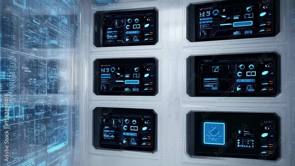 Poster futuristic corridor with control panels showing data and information, suggesting a high tech environ
