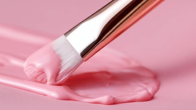 A paintbrush with pink paint on its bristles is dragging a thick stroke of pink paint across a pink surface.