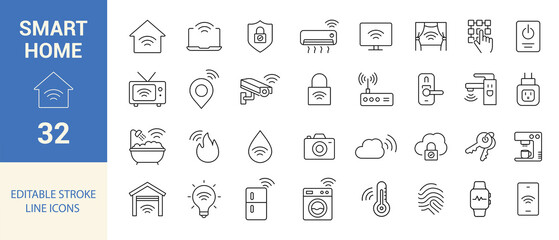 Smart Home Line Editable Icons Set. WiFi, Devices, Security, Lock, Light, Thermostat, Camera, Automation and More. Vector Illustration.