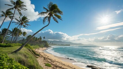 Fototapeta premium A tropical beach with swaying palm trees, crystal-clear ocean water, and soft sand creates a perfect island paradise for summer travel and relaxation