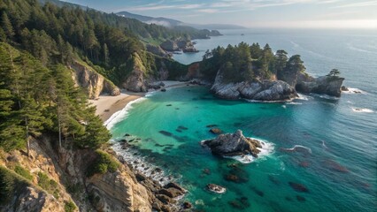 Fototapeta premium Aerial view of a scenic lake, mountains, and coastline with clear water