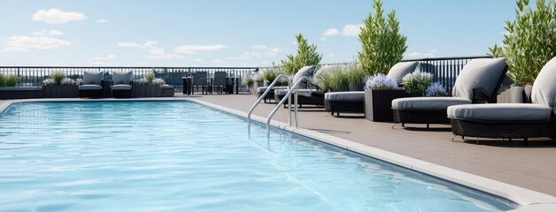 Relaxing poolside retreat in a serene garden setting featuring classic lounge chairs and lush greenery