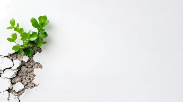 A small green plant grows out of a cracked section of a white wall.
