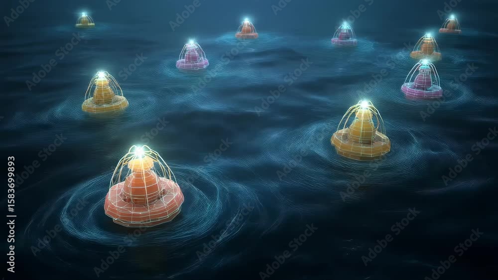 Poster futuristic smart buoys floating and generating waves on a dark ocean at night, communicating each ot