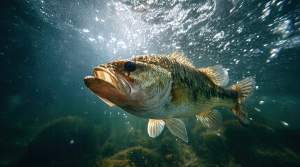 Underwater perspective of bass taking lure (dynamic action)