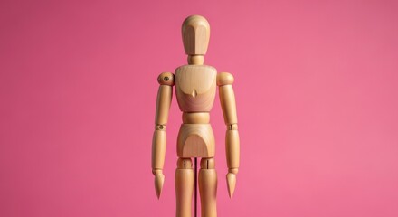 Wooden mannequin stands upright against a solid pink background, showcasing its articulated joints and simple design.