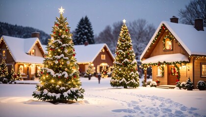 Snowy Christmas village at twilight with decorated trees