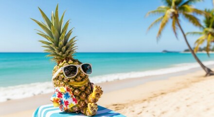 A pineapple wearing sunglasses and a beach towel rests on a beach towel on a tropical beach.