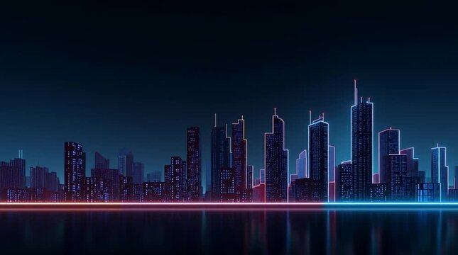 Futuristic Neon City Skyline Reflected on Water at Night
