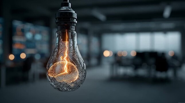 Conceptual Light Bulb with Glowing Brain Filament Hanging in Data Center